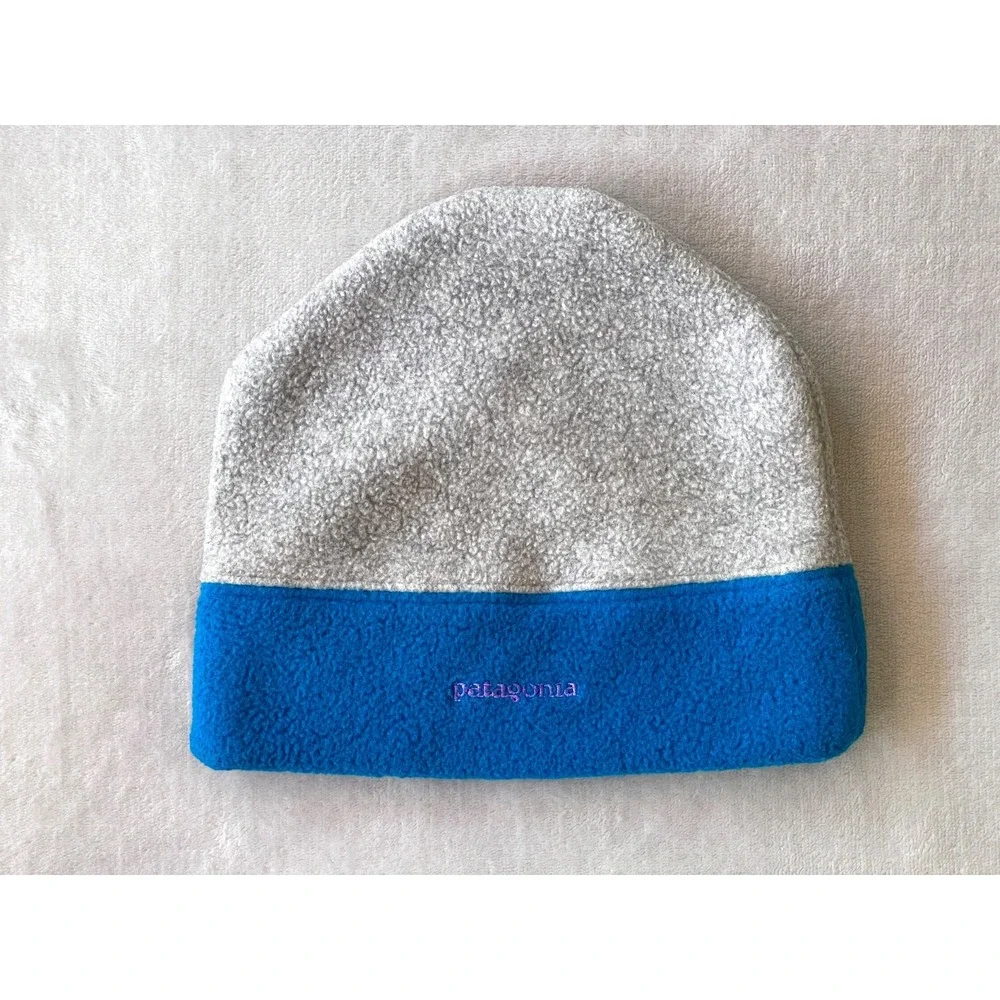 Vintage Patagonia Fleece Beanie Kids M Gray Blue Made In USA Cap